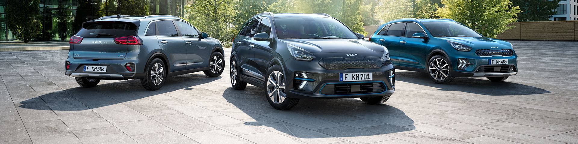 Et udvalg af Kia-biler: Kia Niro Plug-in Hybrid og e-Niro